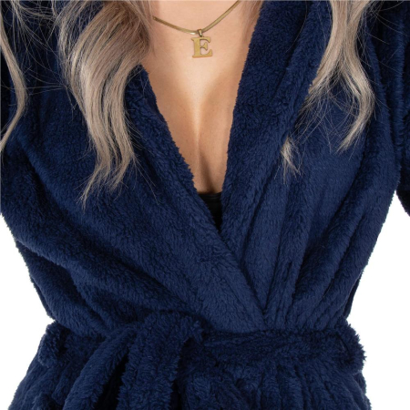 Halat de baie pentru femei pana la genunchi, cu gluga, marimea L/XL, albastru marin [4]