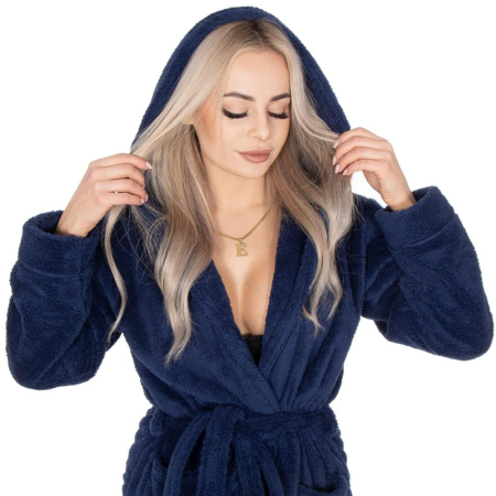 Halat de baie pentru femei pana la genunchi, cu gluga, marimea L/XL, albastru marin [3]