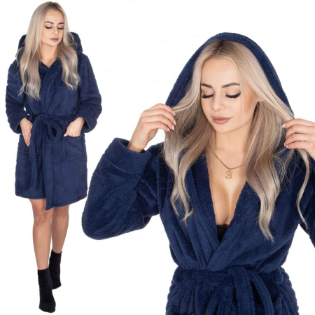 Disponibil livrare locker S - Halat de baie pentru femei pana la genunchi, cu gluga, marimea L/XL, albastru marin