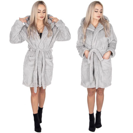 Halat de baie pentru femei pana la genunchi, cu gluga, marimea S/M, gri [13]