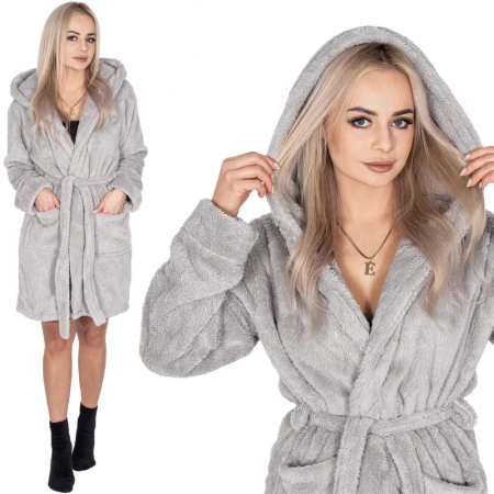 Disponibil livrare locker S - Halat de baie pentru femei pana la genunchi, cu gluga, marimea L/XL, gri
