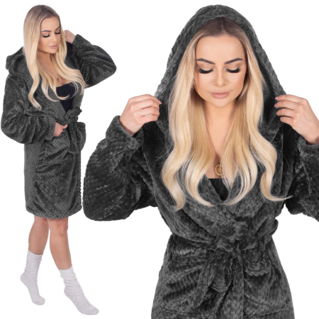 Halate de baie - Halat de baie pentru femei pana la genunchi, cu gluga, marimea L/XL, gri inchis