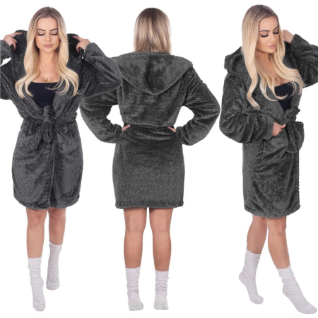 Halat de baie pentru femei pana la genunchi, cu gluga, marimea S/M, gri inchis [11]