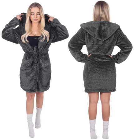 Halat de baie pentru femei pana la genunchi, cu gluga, marimea S/M, gri inchis [7]