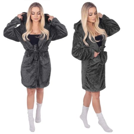 Halat de baie pentru femei pana la genunchi, cu gluga, marimea S/M, gri inchis [10]