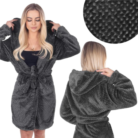Halat de baie pentru femei pana la genunchi, cu gluga, marimea S/M, gri inchis [1]