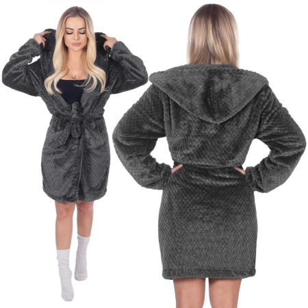 Halat de baie pentru femei pana la genunchi, cu gluga, marimea S/M, gri inchis [12]