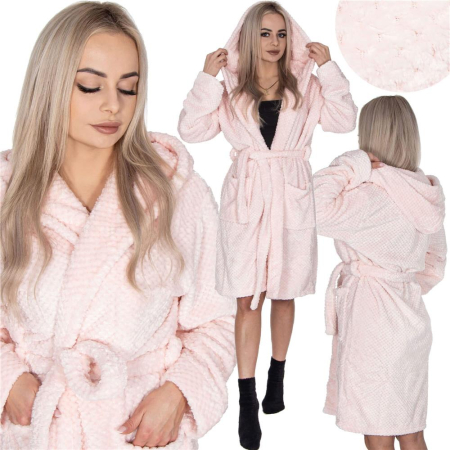 Halat de baie pentru femei pana la genunchi, cu gluga, marimea L/XL, roz [3]