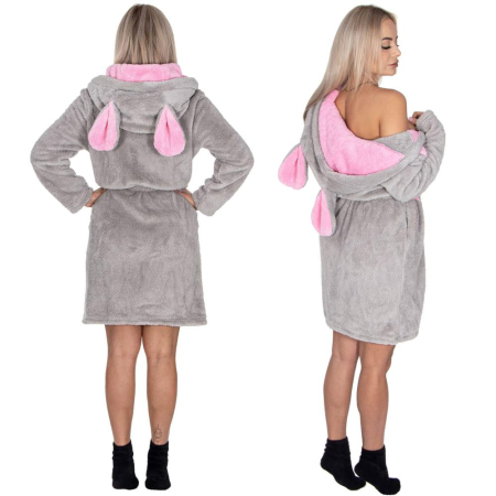 Halat de baie pentru femei pana la genunchi, gluga cu urechi , marimea S/M, gri si nuante de roz [16]