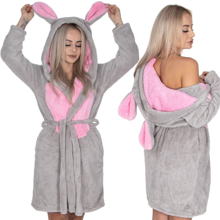 Halat de baie pentru femei pana la genunchi, gluga cu urechi , marimea S/M, gri si nuante de roz [14]