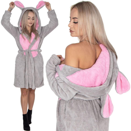 Disponibil livrare locker S - Halat de baie pentru femei pana la genunchi, gluga cu urechi , marimea L/M, gri si nuante de roz