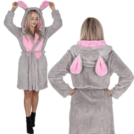 Halat de baie pentru femei pana la genunchi, gluga cu urechi , marimea S/M, gri si nuante de roz [15]