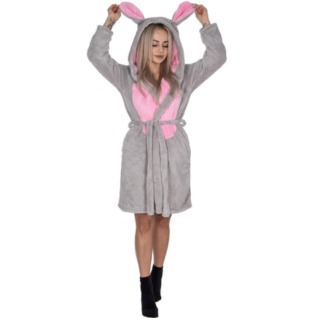 Halat de baie pentru femei pana la genunchi, gluga cu urechi , marimea S/M, gri si nuante de roz [12]