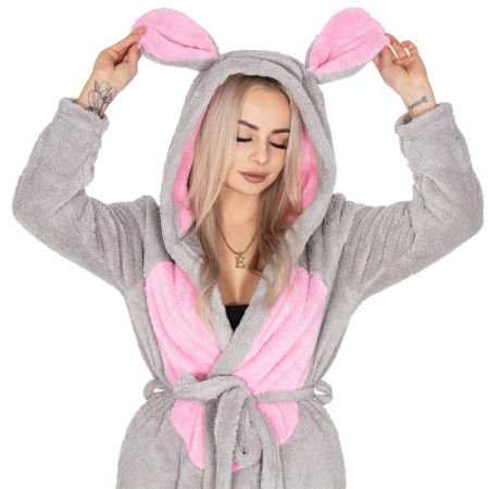 Halat de baie pentru femei pana la genunchi, gluga cu urechi , marimea S/M, gri si nuante de roz [4]