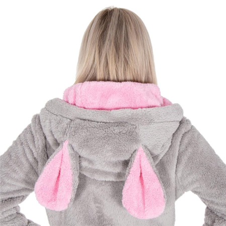 Halat de baie pentru femei pana la genunchi, gluga cu urechi , marimea S/M, gri si nuante de roz [3]