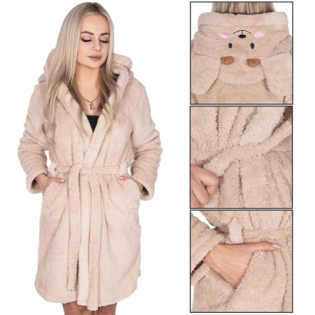 Halat de baie pentru femei pana la genunchi, gluga cu urechi , marimea S/M, bej [2]