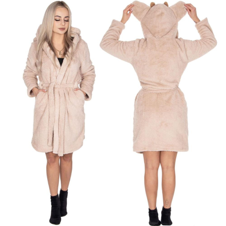 Halat de baie pentru femei pana la genunchi, gluga cu urechi , marimea S/M, bej [4]