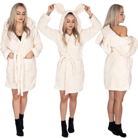 Halat de baie pentru femei pana la genunchi, gluga cu urechi , marimea S/M, bej [18]