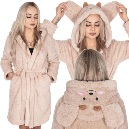 Halat de baie pentru femei pana la genunchi, gluga cu urechi , marimea S/M, bej [13]