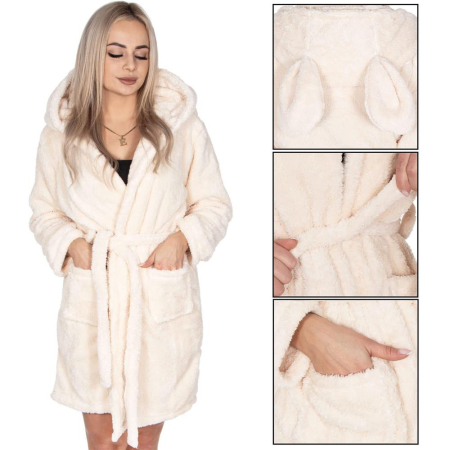 Halat de baie pentru femei pana la genunchi, gluga cu urechi , marimea S/M, bej [2]