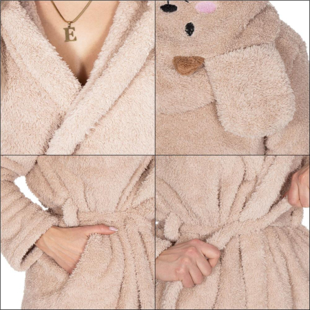 Halat de baie pentru femei pana la genunchi, gluga cu urechi , marimea S/M, bej [3]