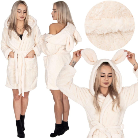 Halat de baie pentru femei pana la genunchi, gluga cu urechi , marimea S/M, bej [14]