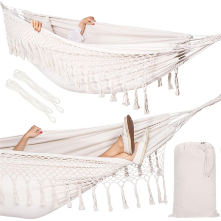 Hamac doua persoane cu franjuri si 2 perne, 200kg, 200×150 cm, bej [1]