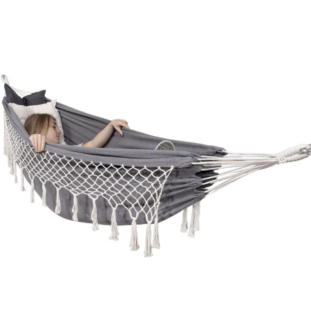 Hamac doua persoane cu franjuri si 2 perne, 200kg, 200×150 cm, gri inchis [13]