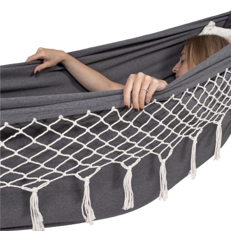 Hamac doua persoane cu franjuri si 2 perne, 200kg, 200×150 cm, gri inchis [15]