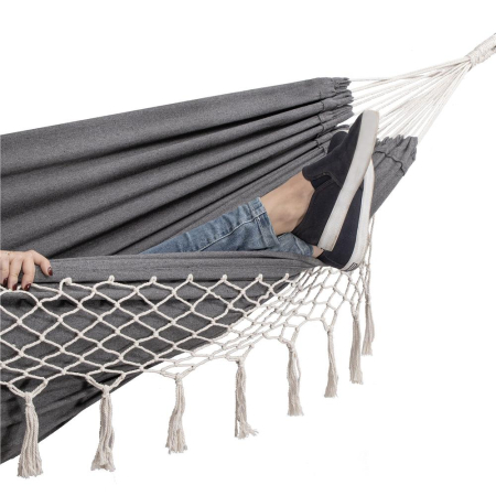 Hamac doua persoane cu franjuri si 2 perne, 200kg, 200×150 cm, gri inchis [17]