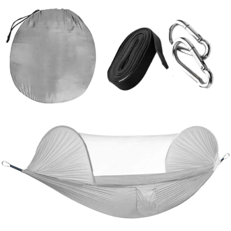 Hamac dublu din material parasuta 140x260cm, cu plasa de tantari si geanta transport, gri [8]