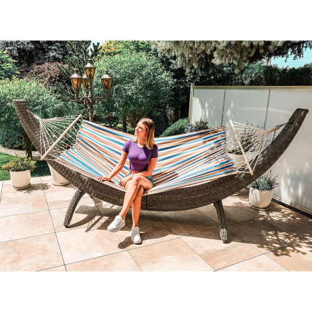 Hamac gradina cu bara din lemn, material textil, 120 kg, 200x100 cm, albastru si maro [1]