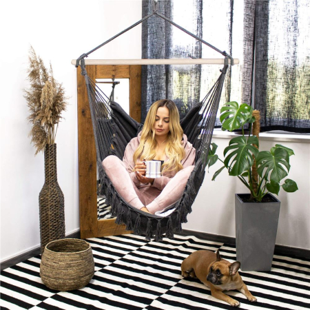 Hamac tip leagan suspendat pentru casa sau gradina, cu perne, 130x100cm, 150kg, gri inchis [7]