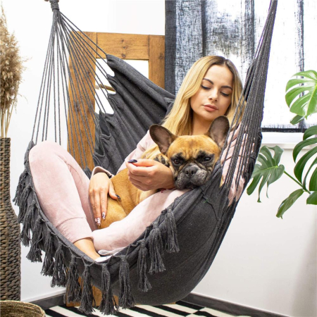 Hamac tip leagan suspendat pentru casa sau gradina, cu perne, 130x100cm, 150kg, gri inchis [9]