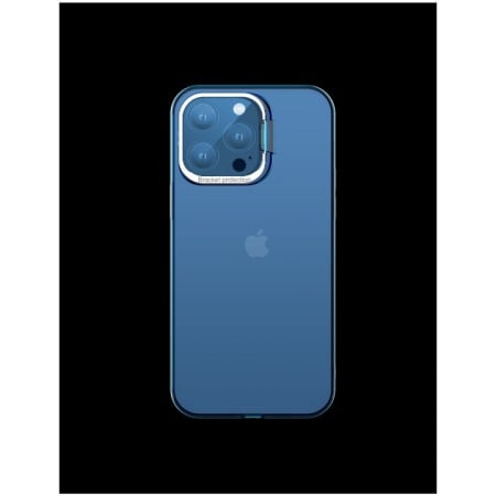 ✨TOATE PRODUSELE✨ - Husa de protectie pentru iPhone 14, cu suport metalic pentru camera, Bracket Series, , Protectie Antisoc, PC mat, silicon moale pe margini, Albastru