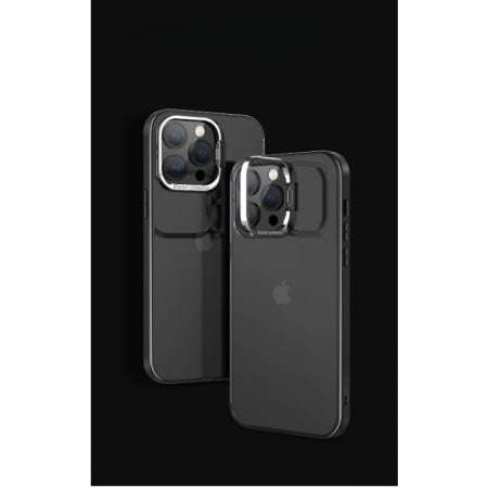 ✨TOATE PRODUSELE✨ - Husa de protectie pentru iPhone 14, cu suport metalic pentru camera, Bracket Series, , Protectie Antisoc, PC mat, silicon moale pe margini, Negru