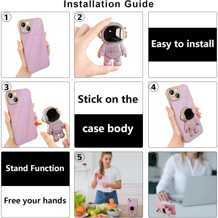 Husa de Protectie TPU 2in1, , pentru Apple iPhone 14, Astronaut cu Suport, Antisoc, Rezistenta la Impact, Protectie Camera, Mov [7]