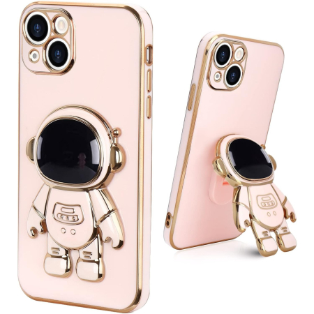 ✨TOATE PRODUSELE✨ - Husa de Protectie TPU 2in1, , pentru Apple iPhone 15, Astronaut cu Suport, Antisoc, Rezistenta la Impact, Protectie Camera, Roz