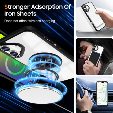 Husa de Protectie TPU, , pentru iPhone 16, Anticadere, cu Incarcare Wireless, Tehnologie Magsafe, Inel Magnetic Rotativ cu Functie de Suport, Transparent-Negru [3]
