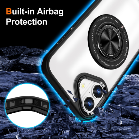 Husa de Protectie TPU, , pentru iPhone 16, Anticadere, cu Incarcare Wireless, Tehnologie Magsafe, Inel Magnetic Rotativ cu Functie de Suport, Transparent-Negru [2]