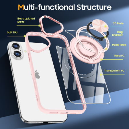 Husa de Protectie TPU, , pentru iPhone 16, Anticadere, cu Incarcare Wireless, Tehnologie Magsafe, Inel Magnetic Rotativ cu Functie de Suport, Transparent-Roz [4]