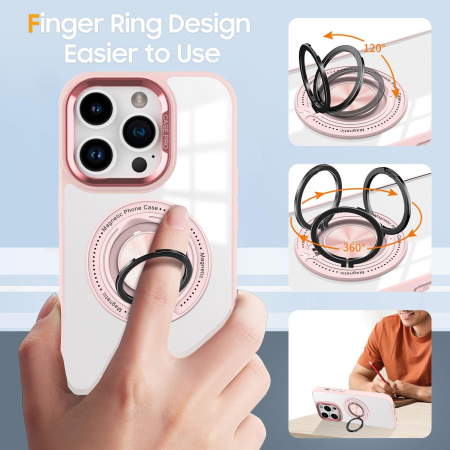 Husa de Protectie TPU, , pentru iPhone 16 Pro, Anticadere, cu Incarcare Wireless, Tehnologie Magsafe, Inel Magnetic Rotativ cu Functie de Suport, Transparent-Roz [3]