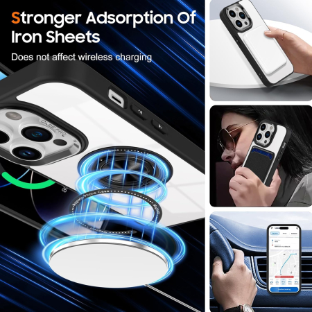 Husa de Protectie TPU, , pentru iPhone 16 Pro Max, Anticadere, cu Incarcare Wireless, Tehnologie Magsafe, Inel Magnetic Rotativ cu Functie de Suport, Transparent-Negru [4]