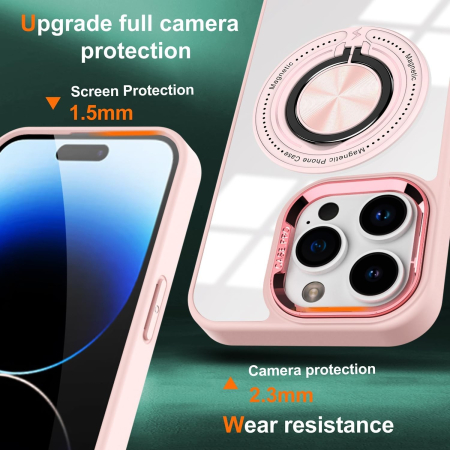 Husa de Protectie TPU, , pentru iPhone 16 Pro Max, Anticadere, cu Incarcare Wireless, Tehnologie Magsafe, Inel Magnetic Rotativ cu Functie de Suport, Transparent-Roz [2]