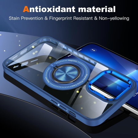 Husa de Protectie TPU, , pentru iPhone 16 Pro Max, cu Incarcare Wireless, Tehnologie Magsafe, Inel Magnetic Rotativ cu Functie de Suport, Transparent-Albastru Inchis [6]