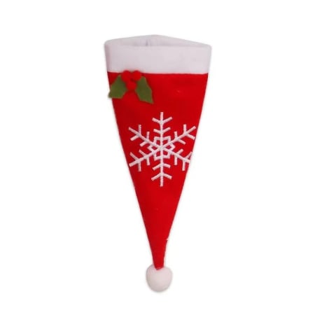 ✨TOATE PRODUSELE✨ - Husa decorativa festiva pentru 3 tacamuri , model caciulita cu fulg, material textil si poliester, 18 x 7 cm, rosu
