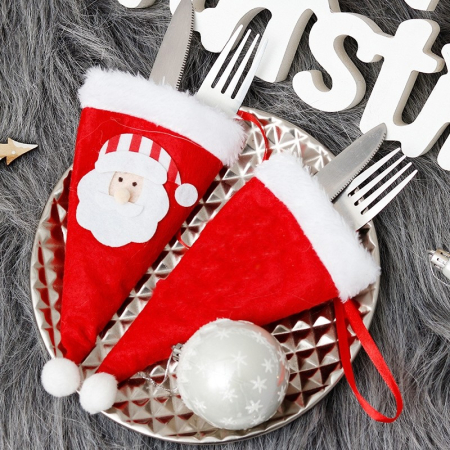 Husa decorativa festiva pentru 3 tacamuri , model caciulita cu Mos Craciun, material textil si poliester, 19 x 10 cm, rosu [6]