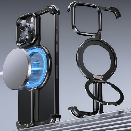 Husa MagSafe Metalica Compatibila cu iPhone 15 Pro, , Clear Case, Aliaj de Aluminiu, cu Magnet, fara Rama, Antisoc, Antizgariere, Incarcare Wireless, Negru Metalizat [12]