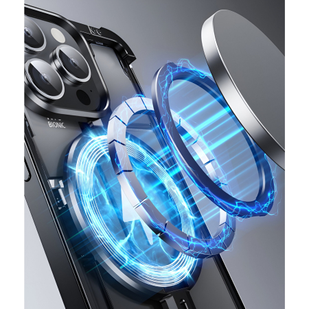 Husa MagSafe Metalica Compatibila cu iPhone 15 Pro, , Clear Case, Aliaj de Aluminiu, cu Magnet, fara Rama, Antisoc, Antizgariere, Incarcare Wireless, Negru Metalizat [10]