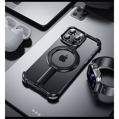 Husa MagSafe Metalica Compatibila cu iPhone 15 Pro, , Clear Case, Aliaj de Aluminiu, cu Magnet, fara Rama, Antisoc, Antizgariere, Incarcare Wireless, Negru Metalizat [15]